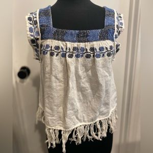 Forever 21 Fringes Printed Ivory Sleeveless Blouse Top Large